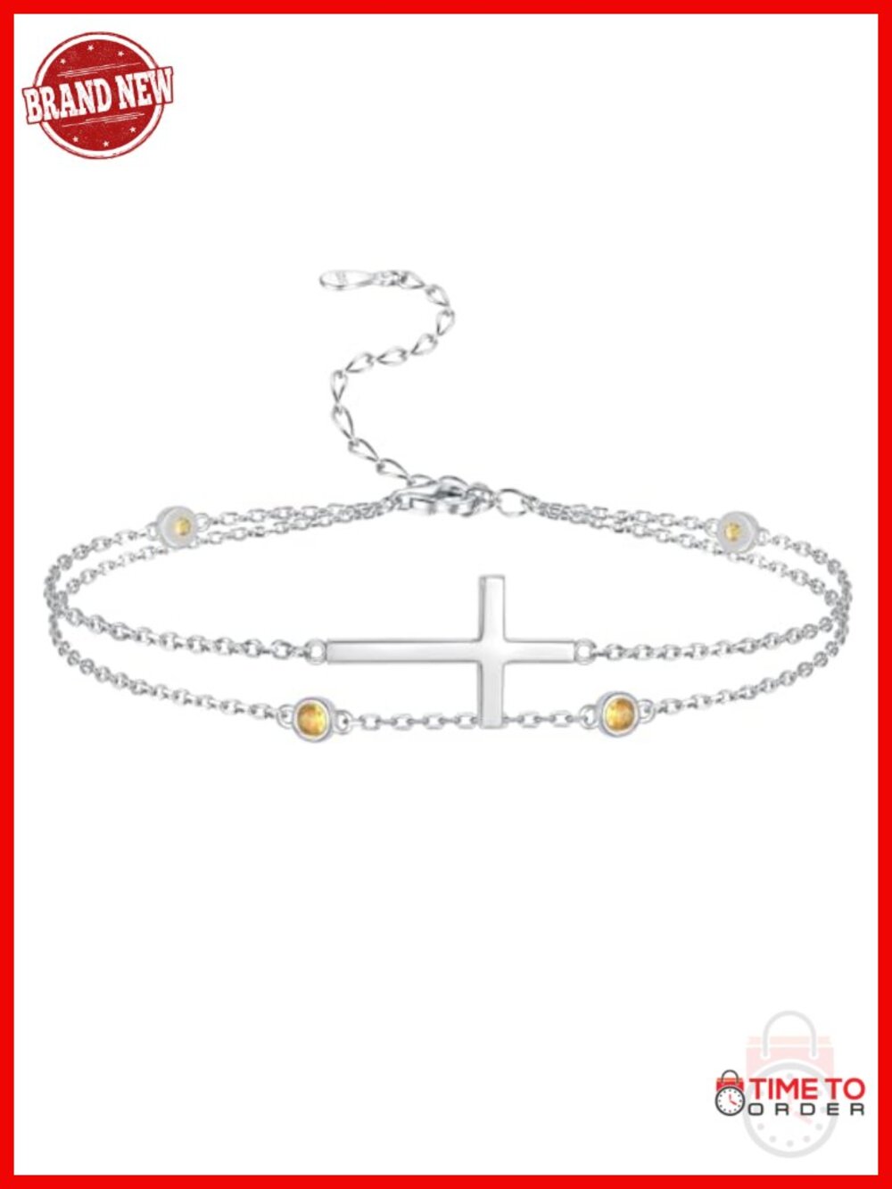 Sterling Silver Cross Birthstone Double Layer Chain Bracelet